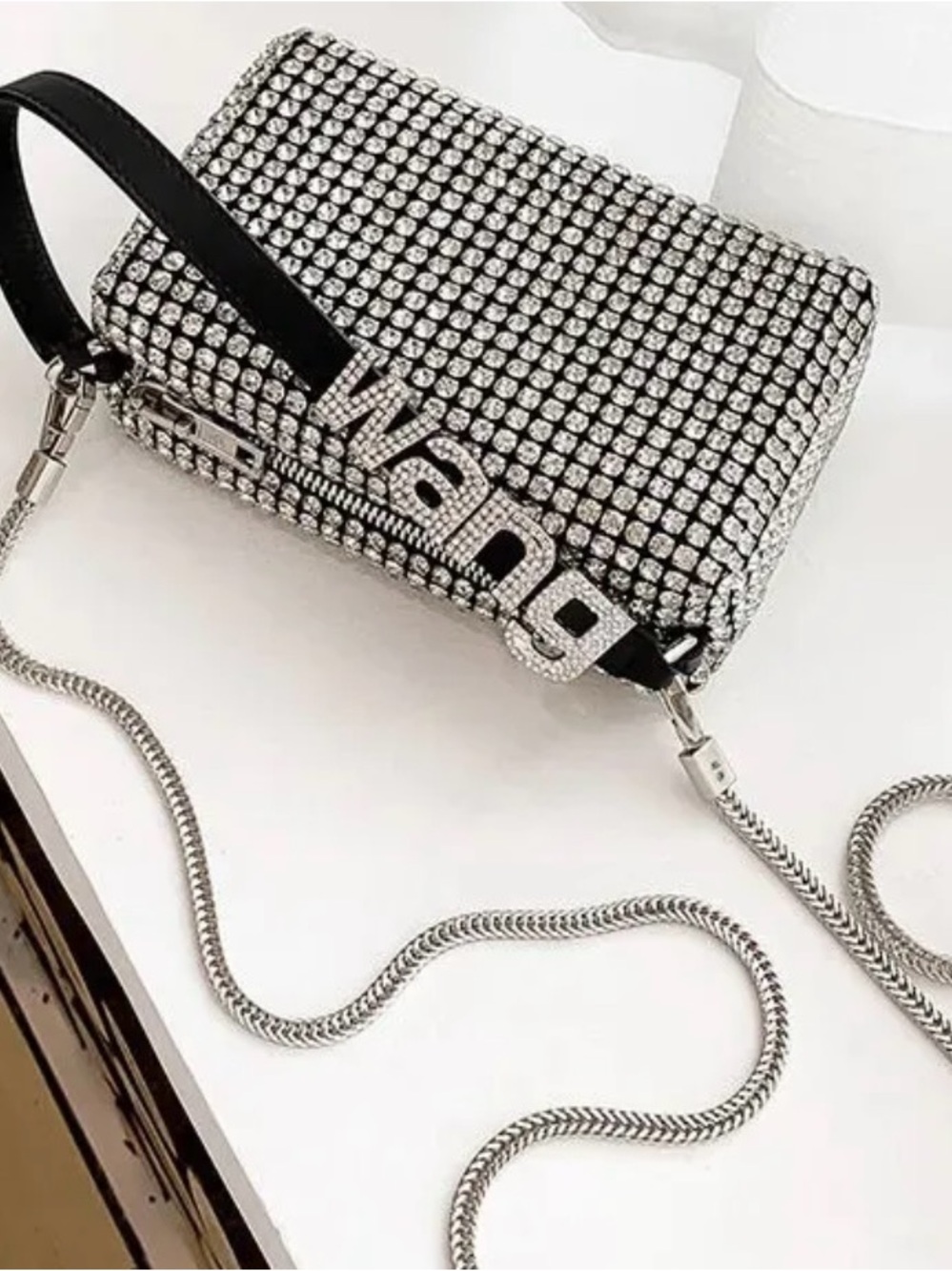 AW Rhinestone Embellished Silver Crossbody Bag